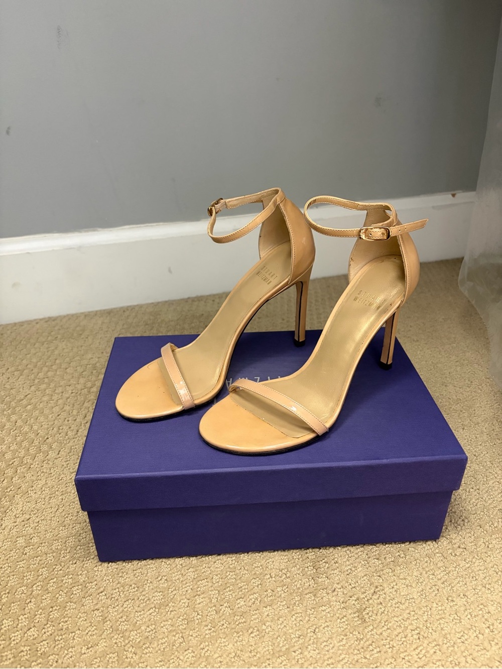 Stuart Weitzman Nudist Adobe Nude Ankle-Strap Stiletto Sandals
